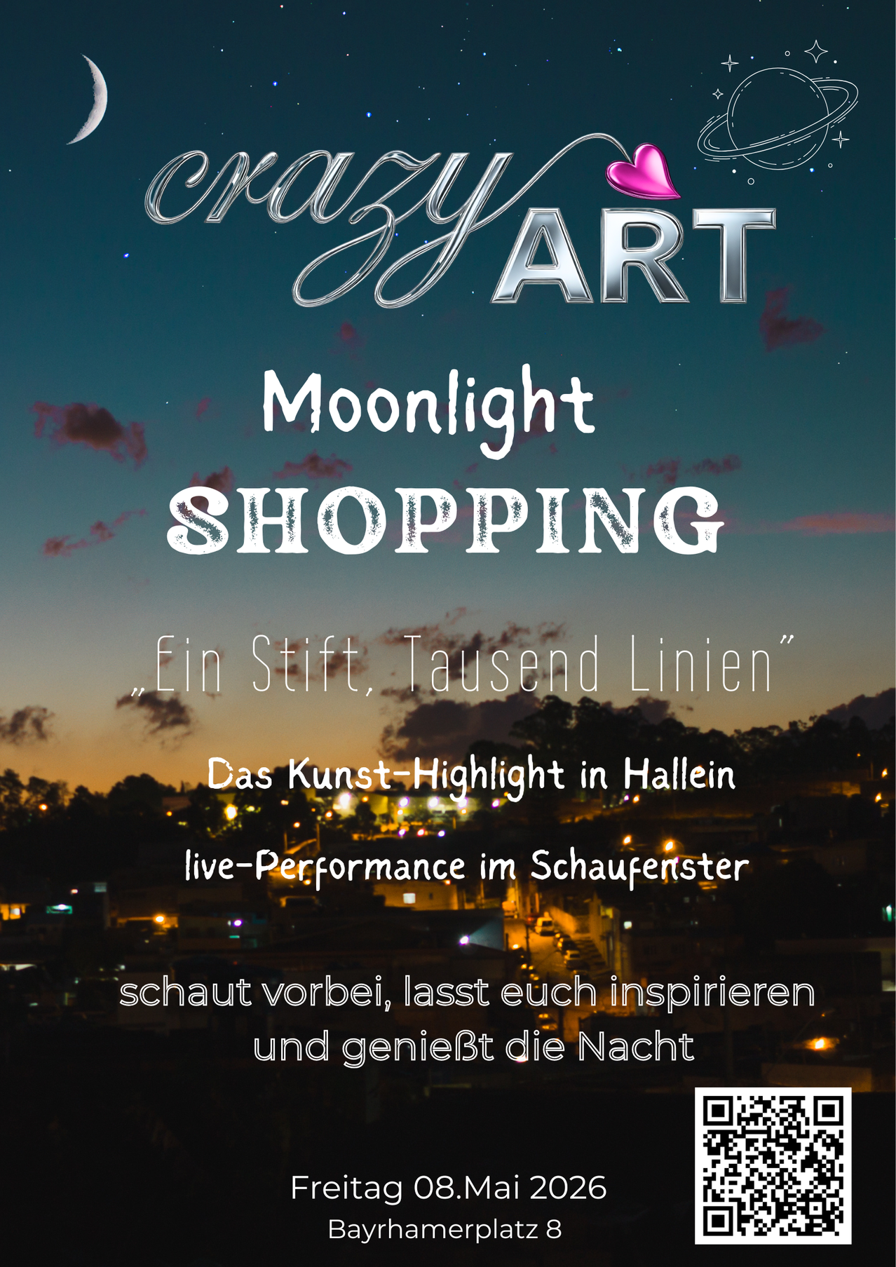 Ein Werbeplakat für Moonlight Shopping, ein Geschäft in Hallen, zeigt eine nächtliche Stadtlandschaft mit dem Slogan 'Ein Stift, Tausend Linien.' Es ermutigt die Zuschauer, zuzusehen, sich inspirieren zu lassen und die Nacht zu genießen.