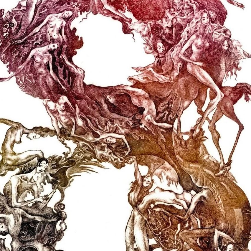 Eine surreale Zeichnung zeigt miteinander verflochtene menschliche Figuren, einige in einer Tanzhaltung, andere in einer sitzenden Position. Die Zeichnung ist gefüllt mit fließenden Linien und abstrakten Formen.