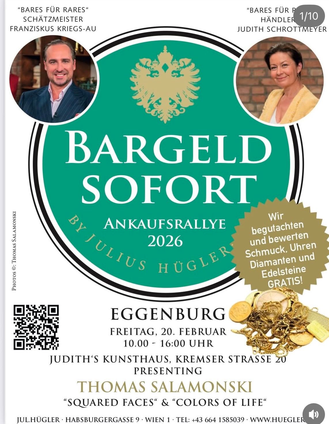 Poster advertising an upcoming event titled 'Bargeld Sofort' by Julius Hügler in 2026. Features a man and a woman, and promises gifts like jewelry and coins. Event details include date, time, and location. QR code present.