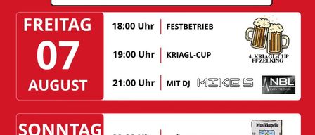 Das Festival in Zelking findet vom 7. bis 9. August 2026 statt. Am Freitag, den 7. August, gibt es einen Festbetrieb um 18:00 Uhr, einen Kriagl Cup um 19:00 Uhr und einen DJ-Event um 21:00 Uhr. Am Samstag, den 9. August, gibt es ein Frühshoppen um 09:00 Uhr und Live-Musik um 18:00 Uhr.