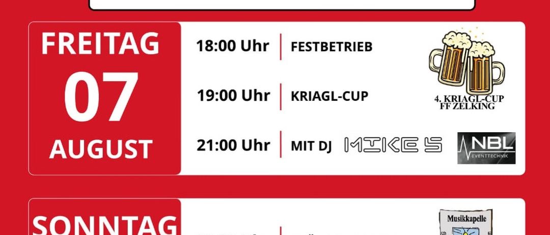 Das Festival in Zelking findet vom 7. bis 9. August 2026 statt. Am Freitag, den 7. August, gibt es einen Festbetrieb um 18:00 Uhr, einen Kriagl Cup um 19:00 Uhr und einen DJ-Event um 21:00 Uhr. Am Samstag, den 9. August, gibt es ein Frühshoppen um 09:00 Uhr und Live-Musik um 18:00 Uhr.