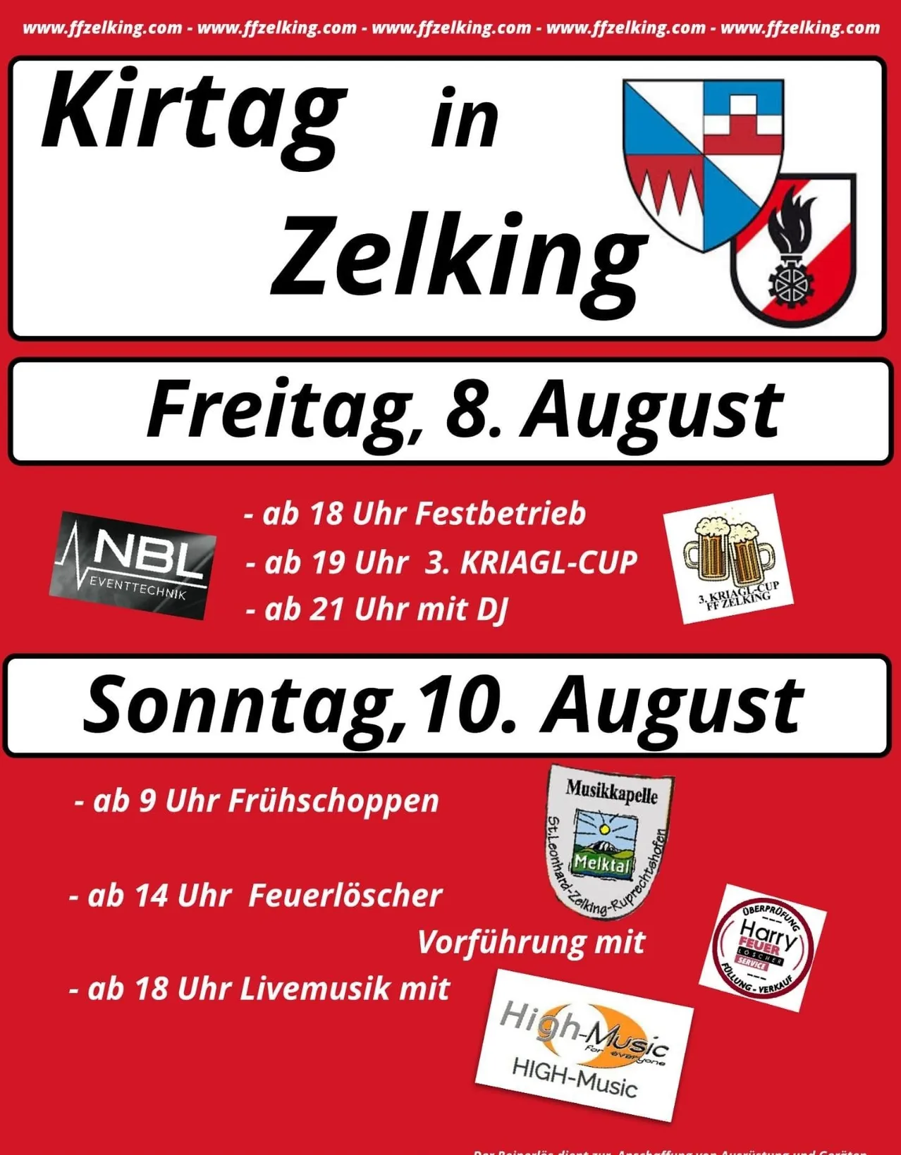 Ein Plakat für das Festival in Zelking, Österreich, geplant für Freitag, den 8. August und Sonntag, den 10. August. Veranstaltungen umfassen Live-Musik mit DJ, frühmorgendliche Weinverkostung und eine Demonstration des Feuerlöschers.
