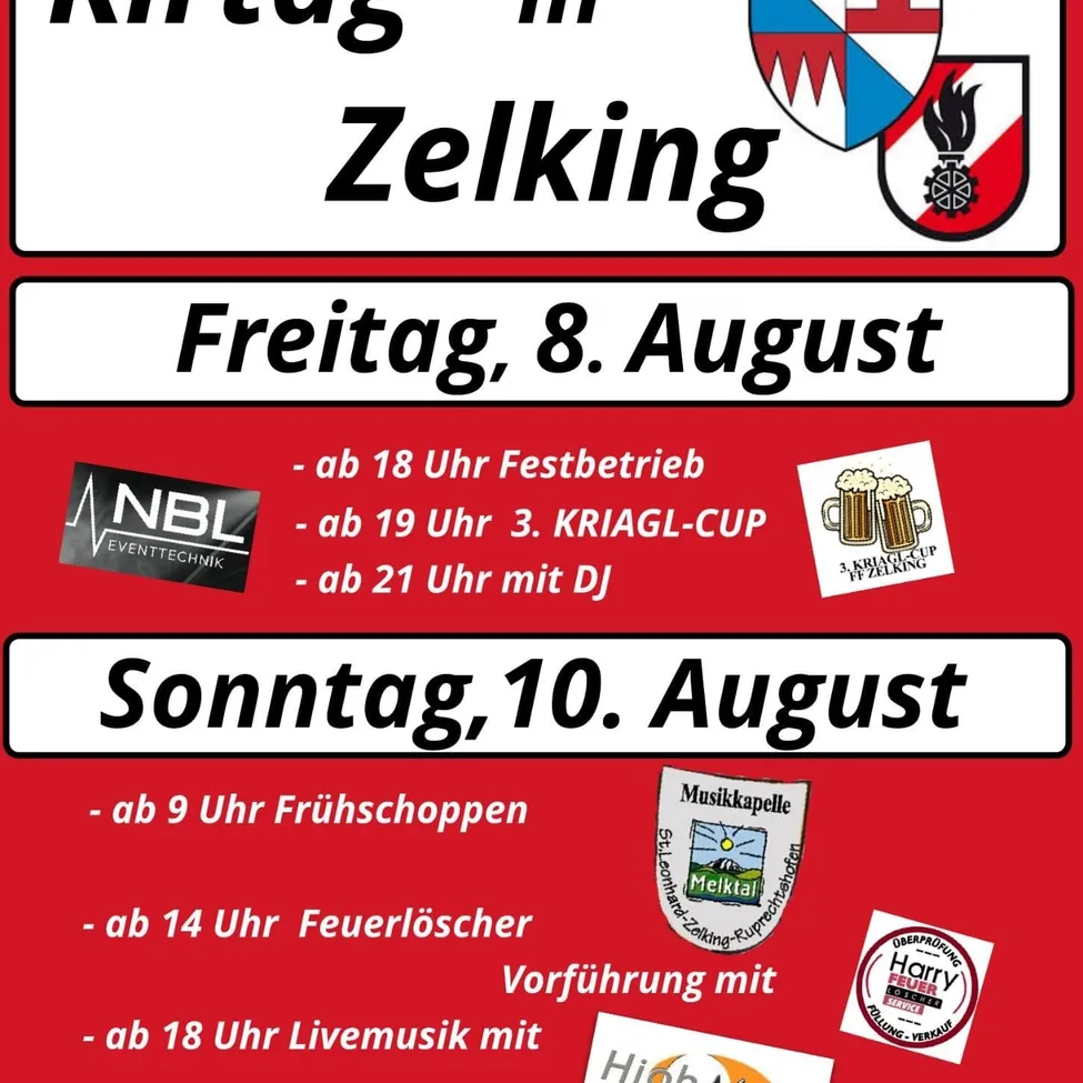 Ein Plakat für das Festival in Zelking, Österreich, geplant für Freitag, den 8. August und Sonntag, den 10. August. Veranstaltungen umfassen Live-Musik mit DJ, frühmorgendliche Weinverkostung und eine Demonstration des Feuerlöschers.