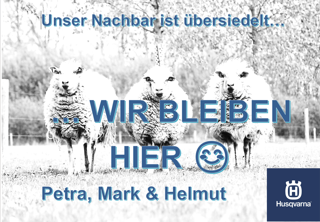 Ein Schwarz-Weiß-Bild zeigt drei Schafe, die in einem Feld mit einem Baum dahinter stehen. Der Text lautet 'Unser Nachbar ist überfordert' und 'WIR BLEIBEN HIER' mit einem Smiley-Gesicht. Darunter stehen die Namen 'Petra, Mark & Helmut.'
