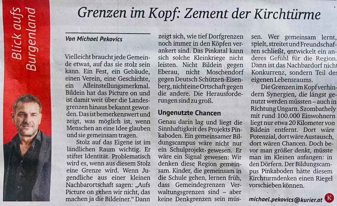 Der Artikel mit dem Titel 'Grenzen im Kopf: Zement der Kirche' beleuchtet, wie tief Dorfgrenzen noch in den Köpfen verankert sind. Das Pinkatal kann sich solche Kleinkriege nicht leisten. Der Artikel schlägt ein Schulprojekt als mögliche Lösung vor. Das Potenzial der Pinkatalregion liegt brach.