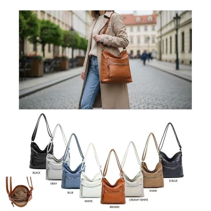 Eine Frau geht auf einer Kopfsteinpflasterstraße und trägt eine braune Lederhandtasche. Unten sind mehrere Farboptionen derselben Handtasche.