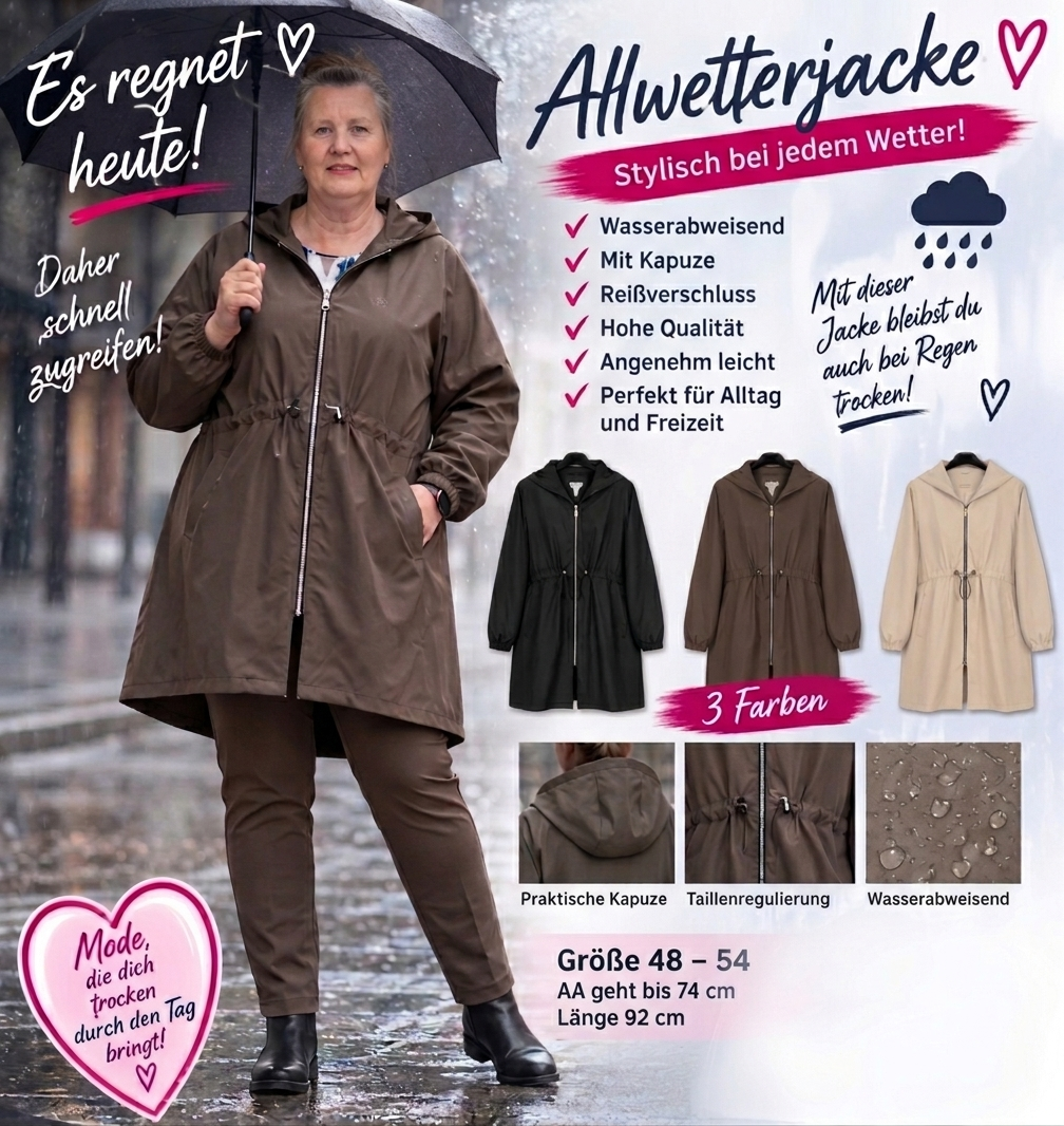 A woman in a brown raincoat stands in the rain with an umbrella. The ad shows three different colors of the same jacket.