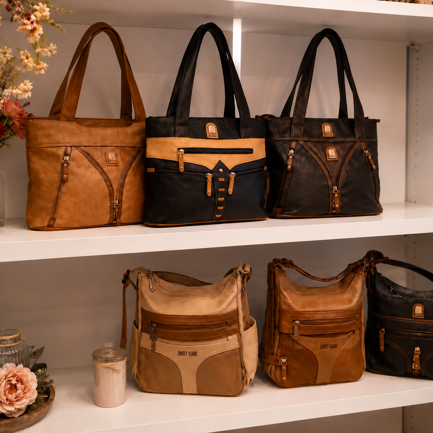 Mehrere Lederhandtaschen sind auf einem weißen Regal angeordnet. Verschiedene Farben wie Braun, Beige und Schwarz sind ausgestellt. Zubehör wie eine Kerze und Blumen sind um sie herum platziert.