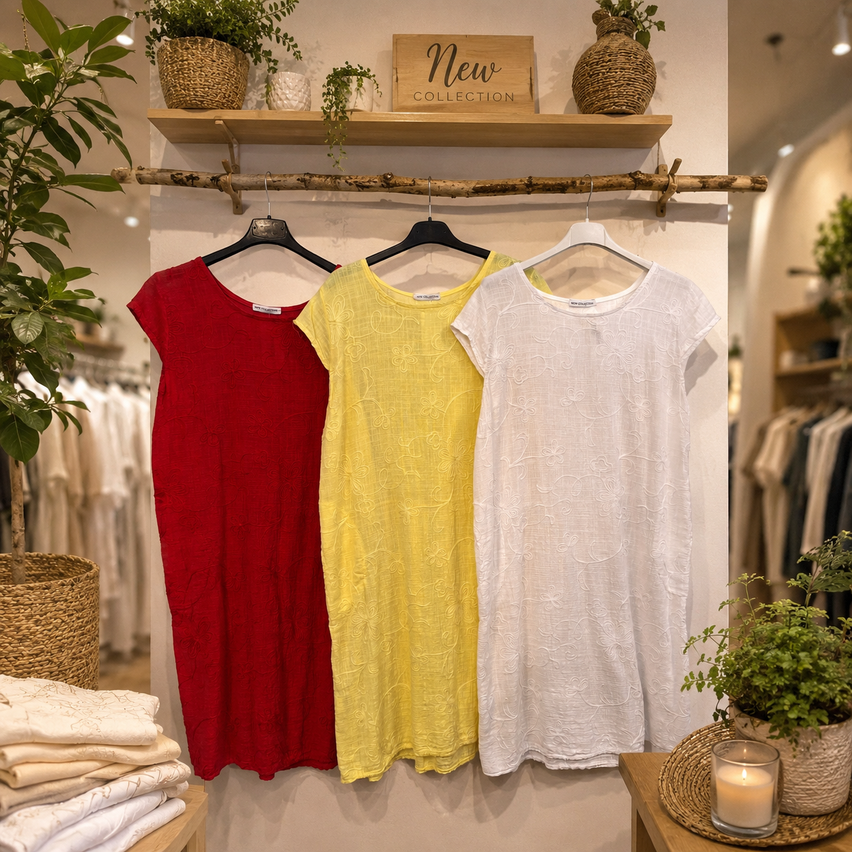 Ein Boutique zeigt eine neue Kollektion von Kleidern an einer Wand. Drei Kleider, rot, gelb und weiß, hängen an Kleiderbügeln. Regale halten Pflanzen und ein Schild mit der Aufschrift 'Neue Kollektion'.