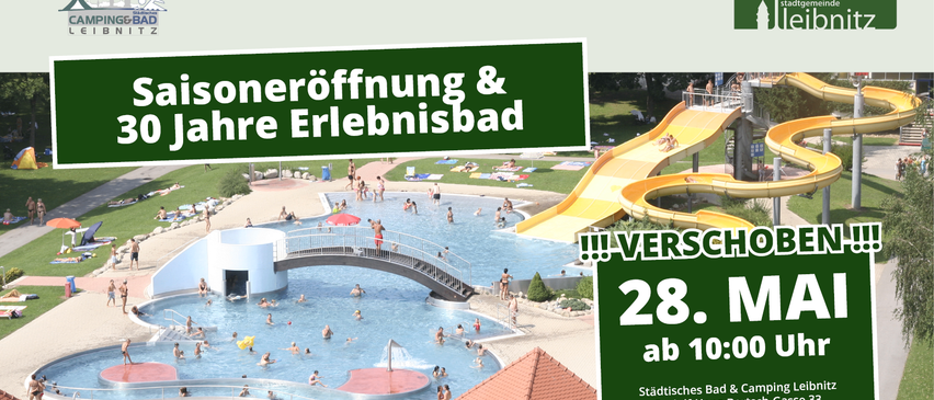 Bild zeigt einen Außenpoolbereich mit schwimmenden Menschen, einer Brücke und Rutschen. Datum ist der 28., Zeit 13 Uhr. Englischer Text lautet 'Experience'.