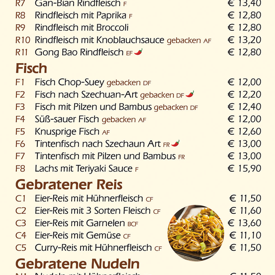 Das Menü umfasst Rindfleischgerichte wie Gan-Bian Rindfleisch für €13,40 und Fischoptionen wie süß-saurer Fisch für €12,00. Reisgerichte reichen von Eier-Reis mit Hühnerfleisch für €11,50 bis Curry-Reis mit Hühnerfleisch für €11,50. Nudelgerichte kosten €11,50.
