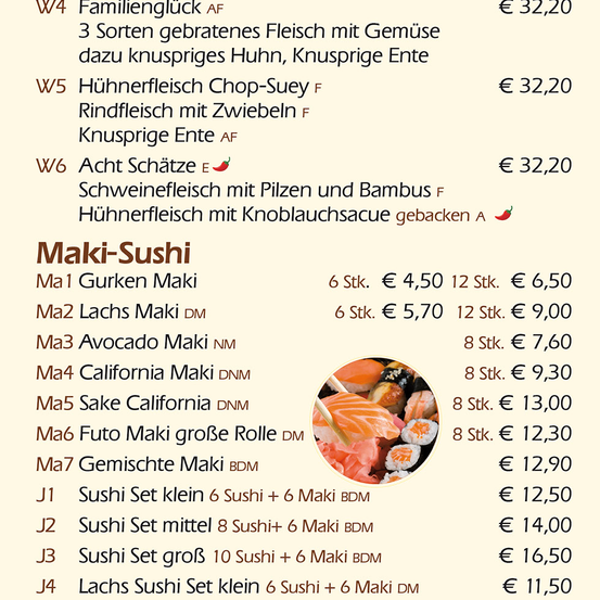Menü mit verschiedenen Gerichten wie gebratenes Fleisch mit Gemüse und knuspriges Huhn, Hühnerfleisch Chop-Suey, Schweinefleisch mit Knoblauchsauce und Maki-Sushi-Rollen. Sushi-Sets und andere Artikel preislich aufgeführt.
