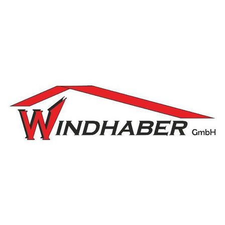 Ein Logo für Windhaber GmbH. Der Name ist in fetten, roten Großbuchstaben mit einem stilisierten Hausdach darüber. Das Logo ist auf einem weißen Hintergrund zentriert.