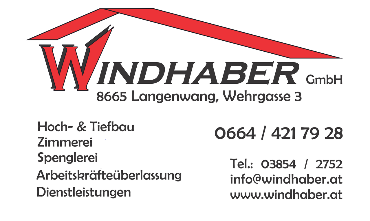 Ein Logo für Windhaber zeigt die Adresse 8665 Langenwang, Wehrgasse 3 & Tiefbau und Kontaktdaten Tel: 03854 und E-Mail info@windh.leistungen mit einer Website www.windh.