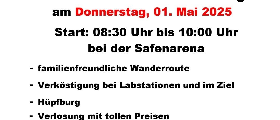 Plakat für den 36. Dienersdorfer Wandertag am 1. Mai 2025, mit einem Fußball und einer familienfreundlichen Route, mit Erfrischungen und einer Tombola am Start.