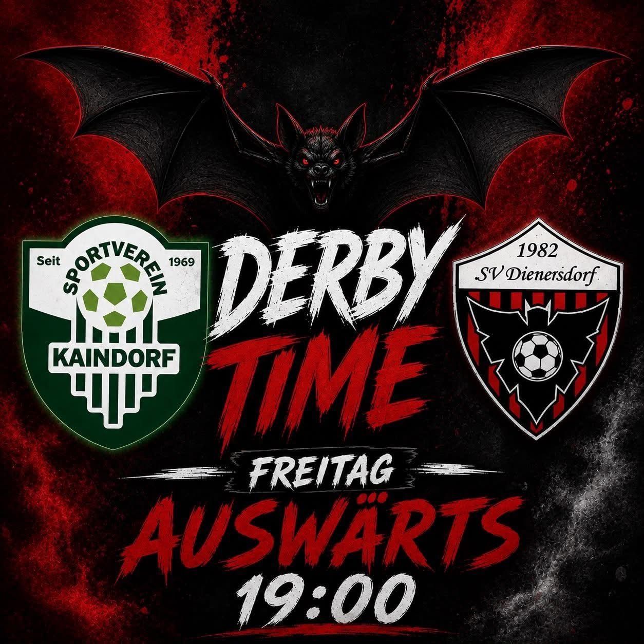 Plakat für ein Fußballspiel zwischen Sportverein Kaindorf und SV Diendorf, mit einem Vampir und der Zeit 19:00.