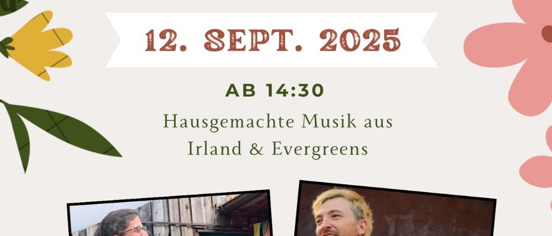 Plakat für die Veranstaltung 'AM MELKER HERBST' am 12. September 2025 bei Waldviertel Optik Filiale. Es zeigt zwei Musiker, einen mit Gitarre und den anderen mit Harfe, sowie Datum und Ort.