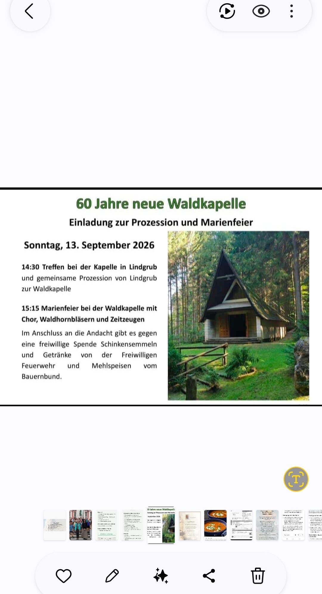 Poster for a 60th anniversary celebration of a new forest chapel. It includes details about a procession and a Marian fire on September 13, 2026.