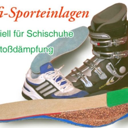 Ein Bild zeigt drei Paar Sportschuhe. Der rote Text lautet 'Profi-Sporteinlagen'. Darunter steht 'Speziell für Schischuhe mit StoBdämpfung'.