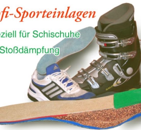 Ein Bild zeigt drei Paar Sportschuhe. Der rote Text lautet 'Profi-Sporteinlagen'. Darunter steht 'Speziell für Schischuhe mit StoBdämpfung'.