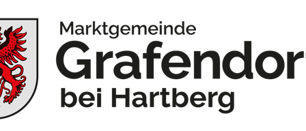 Logo der Marktgemeinde Grafendor bei Hartberg mit einem roten Drachen auf einem Schild und schwarzem Text auf schwarzem Hintergrund.