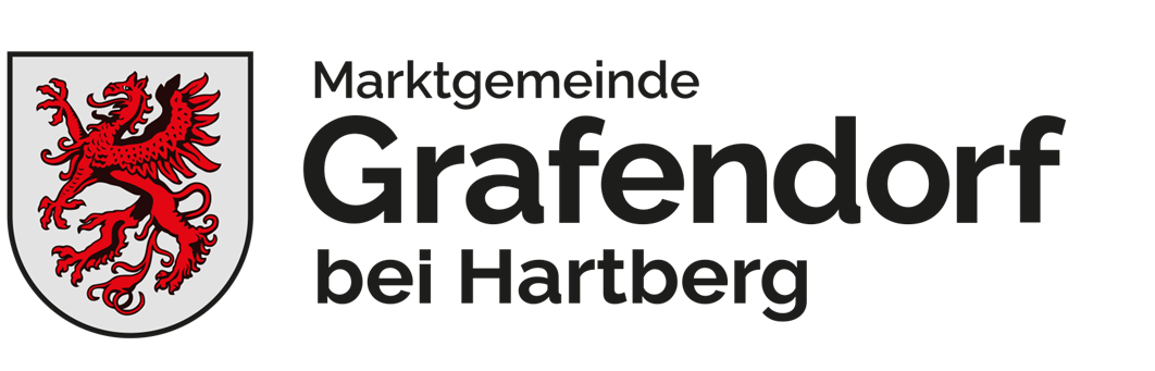 Auf schwarzem Hintergrund ist das Logo der Marktgemeinde Grafendor zu sehen. Es zeigt einen Schild mit einem roten Drachen und der Aufschrift 'Marktgemeinde Grafendor' darüber und 'bei Hartberg' darunter.