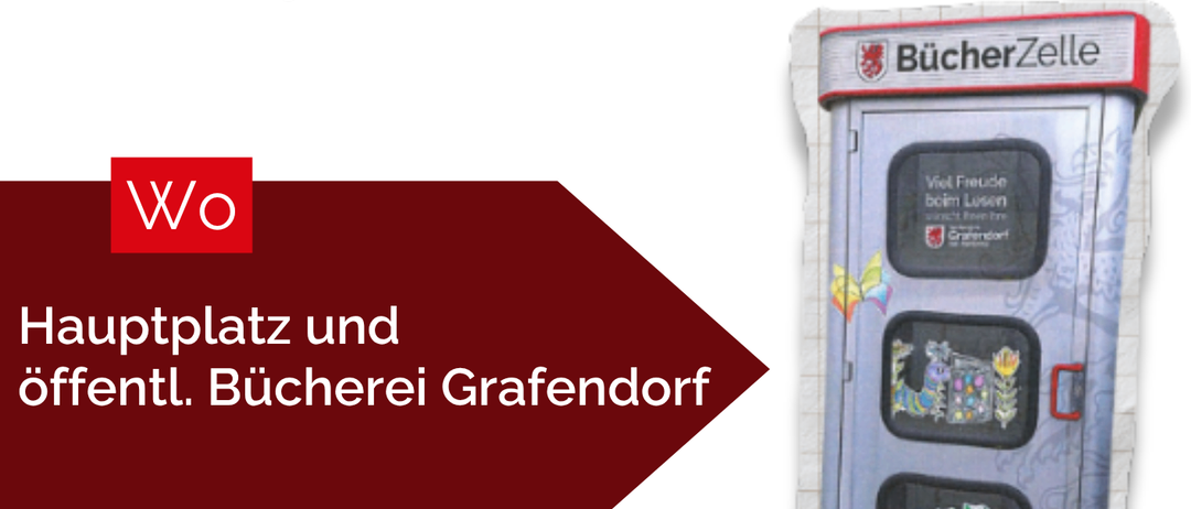 Das Plakat bewirbt die Eröffnung eines neuen Büchertauschs am Hauptplatz in Grafendorf am 10. April 2026. Die neue 'BucherZelle' ersetzt den aktuellen Büchertausch.