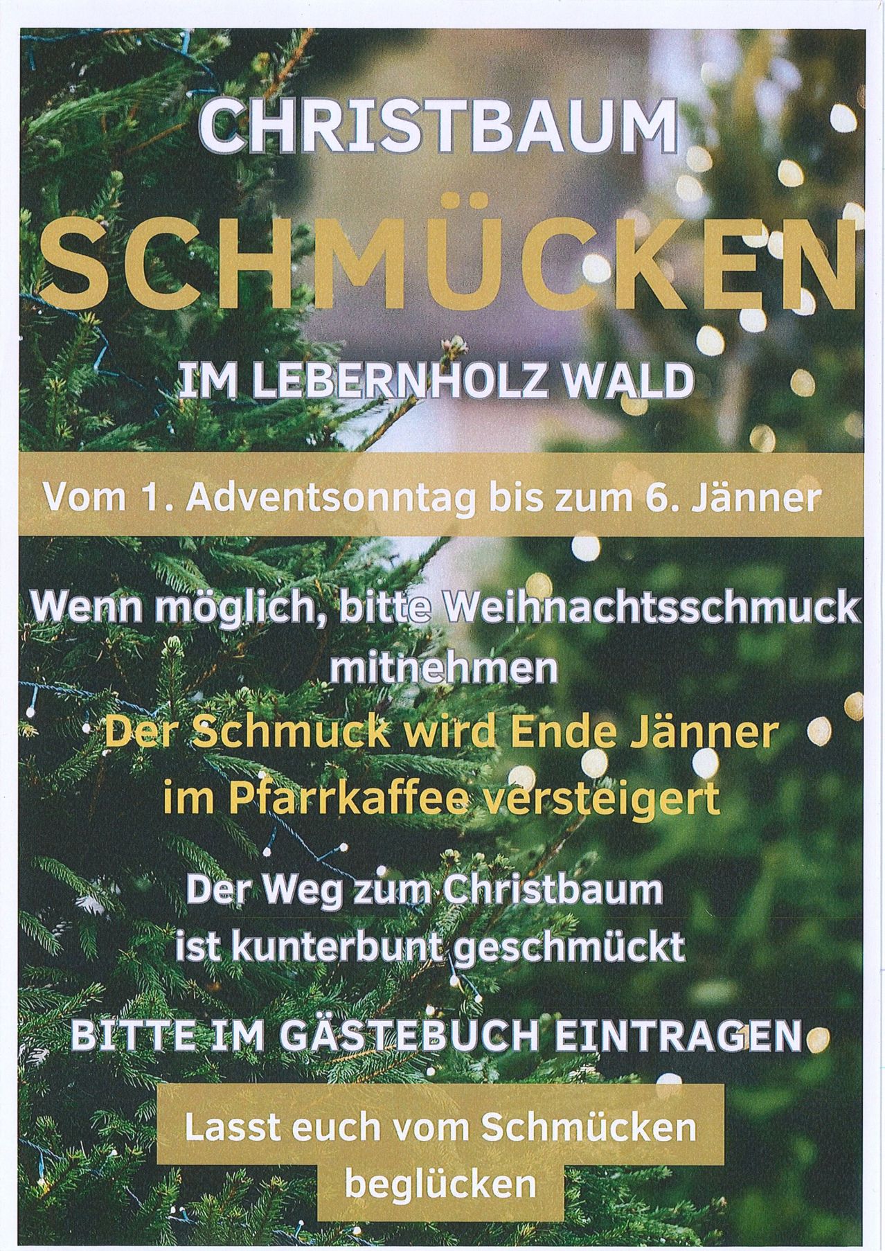Plakat für Baumschmuck-Veranstaltung im Wald vom 1. Adventssonntag bis 6. Jänner. Besucher werden gebeten, wenn möglich, Weihnachtsdekoration mitzunehmen. Der Schmuck wird Ende Jänner versteigert. Der Weg zum Weihnachtsbaum ist wunderschön geschmückt. Bitte im Gästebuch eintragen.