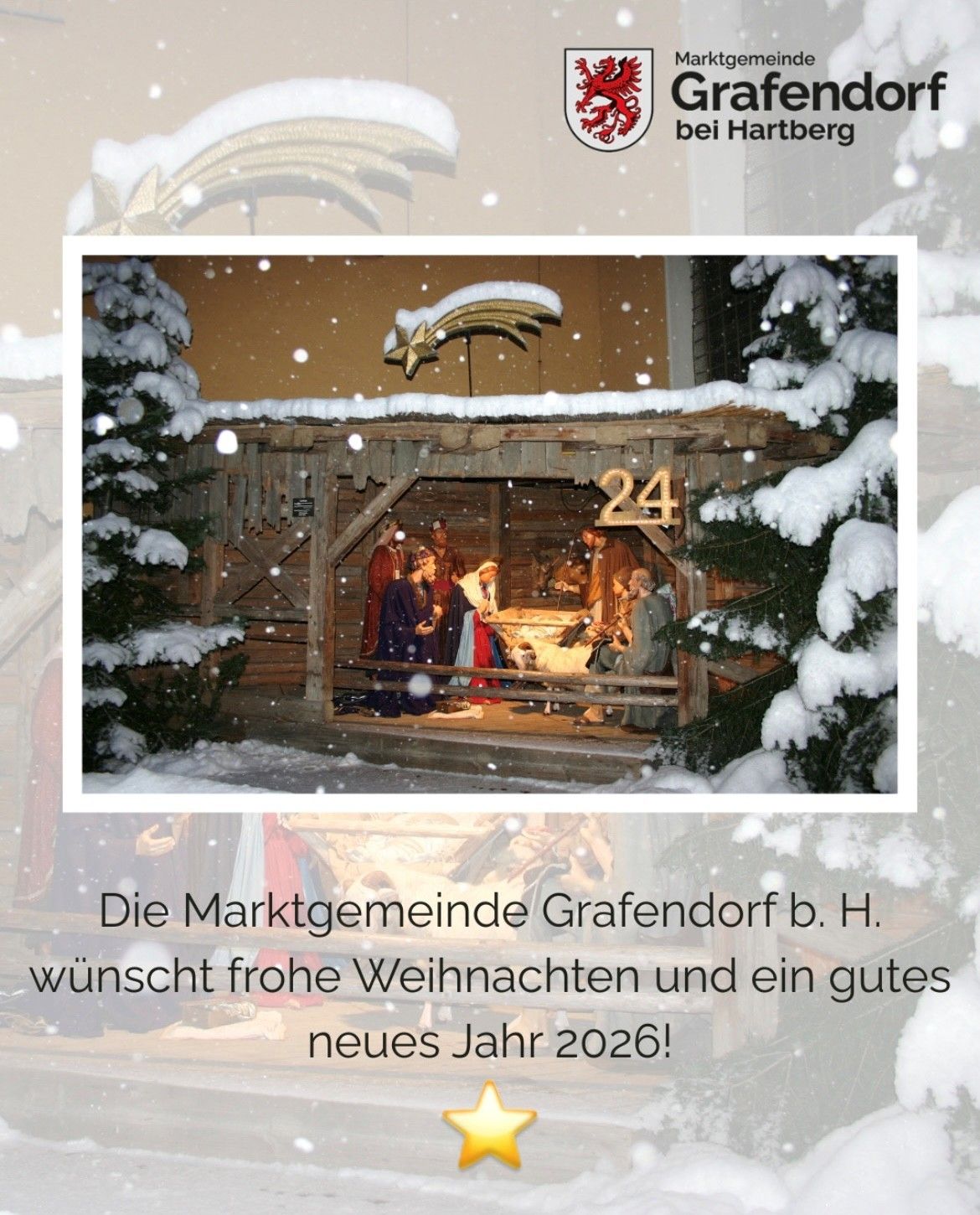 Eine Krippe mit dem Datum 24. Die Marktgemeinde Grafendorf b. H. wünscht frohe Weihnachten und ein gutes neues Jahr 2026!