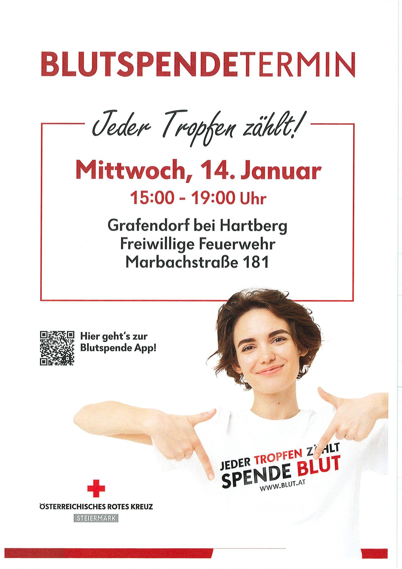 Ein Plakat für eine Blutspendeveranstaltung am 14. Januar von 15:00 bis 19:00 Uhr in Grafendorf bei Hartberg. Es zeigt eine Frau, die auf ihre Brust zeigt.