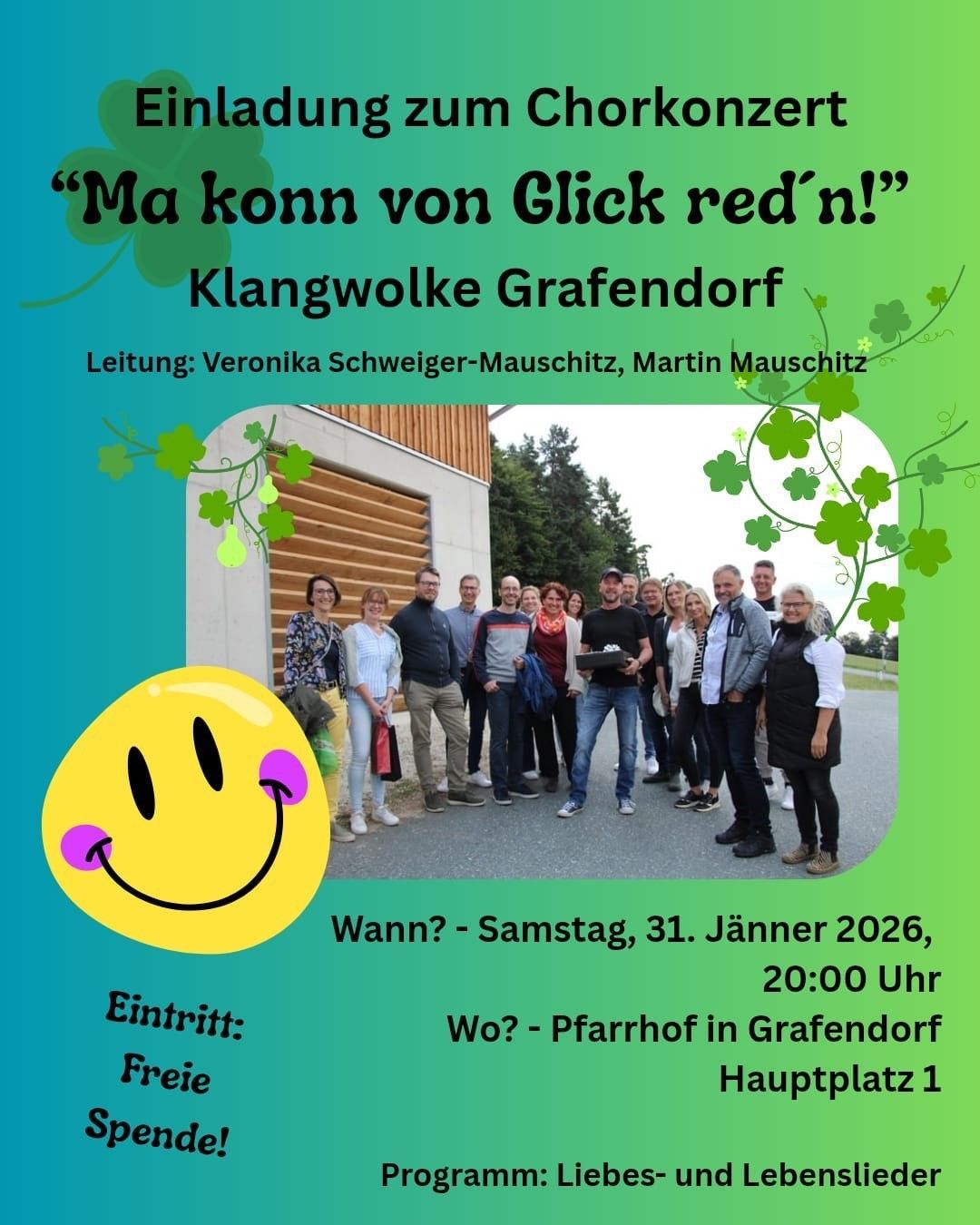 A poster advertises a performance by Klangwolke Grafendorf on Saturday, January 31, 2026, at 8:00 PM at the Pfarrhof in Grafendorf, Hauptplatz 1.