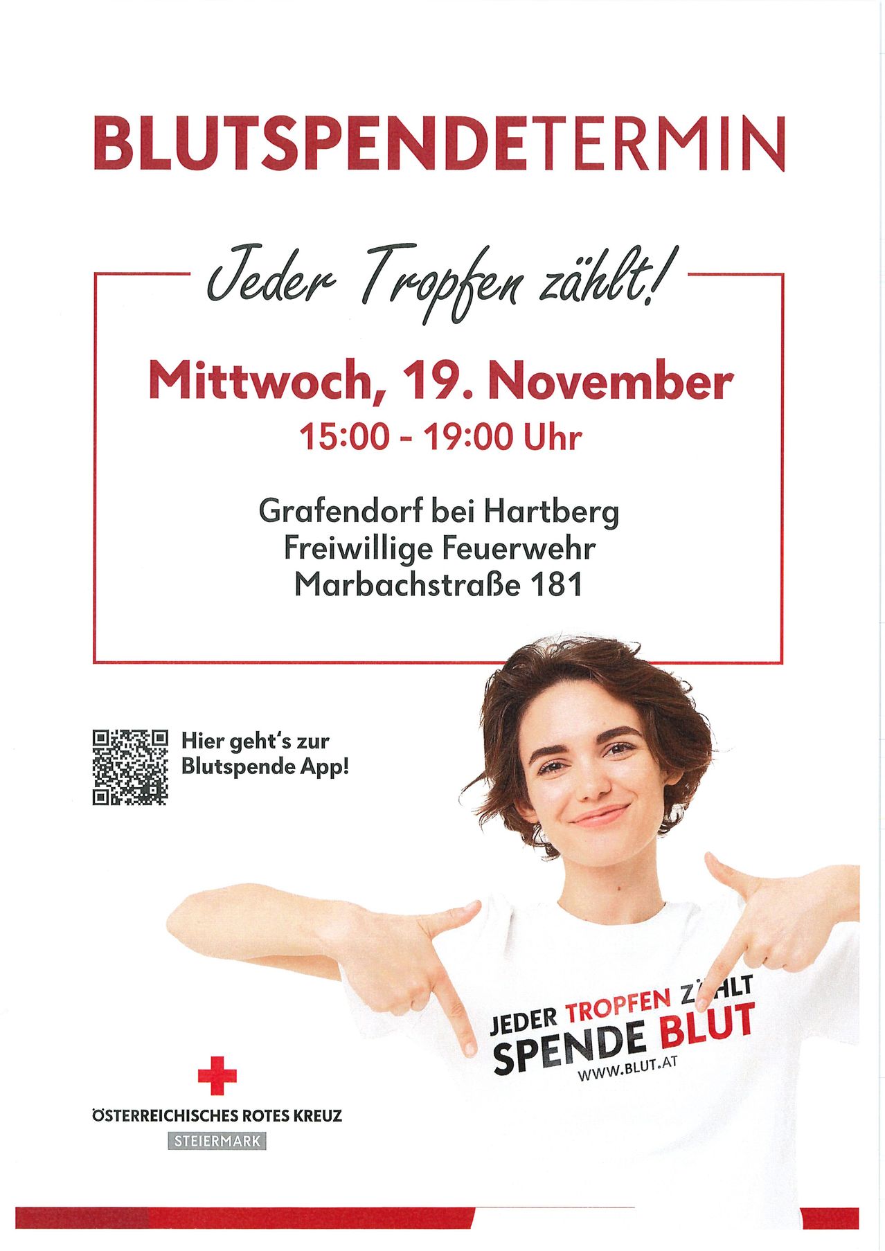 A flyer for a blood donation event. It says 'Every drop counts!' with a smiling woman pointing to a QR code. The event is on Wednesday, November 19, from 3-7 PM at the volunteer fire department in Marbachstraße 181.