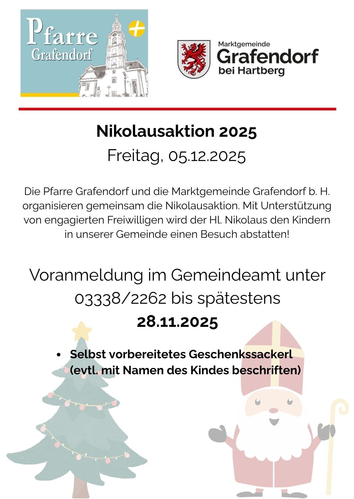 Plakat für Nikolausaktion 2025 am Freitag, 05.12.2025, mit einer Illustration von Nikolaus und einem Weihnachtsbaum. Organisiert von Pfarre Grafendorf und Marktgemeinde Grafendorf. Anmeldung im Gemeindeamt bis 28.11.2025. Benötigt einen selbst vorbereiteten Geschenksack.