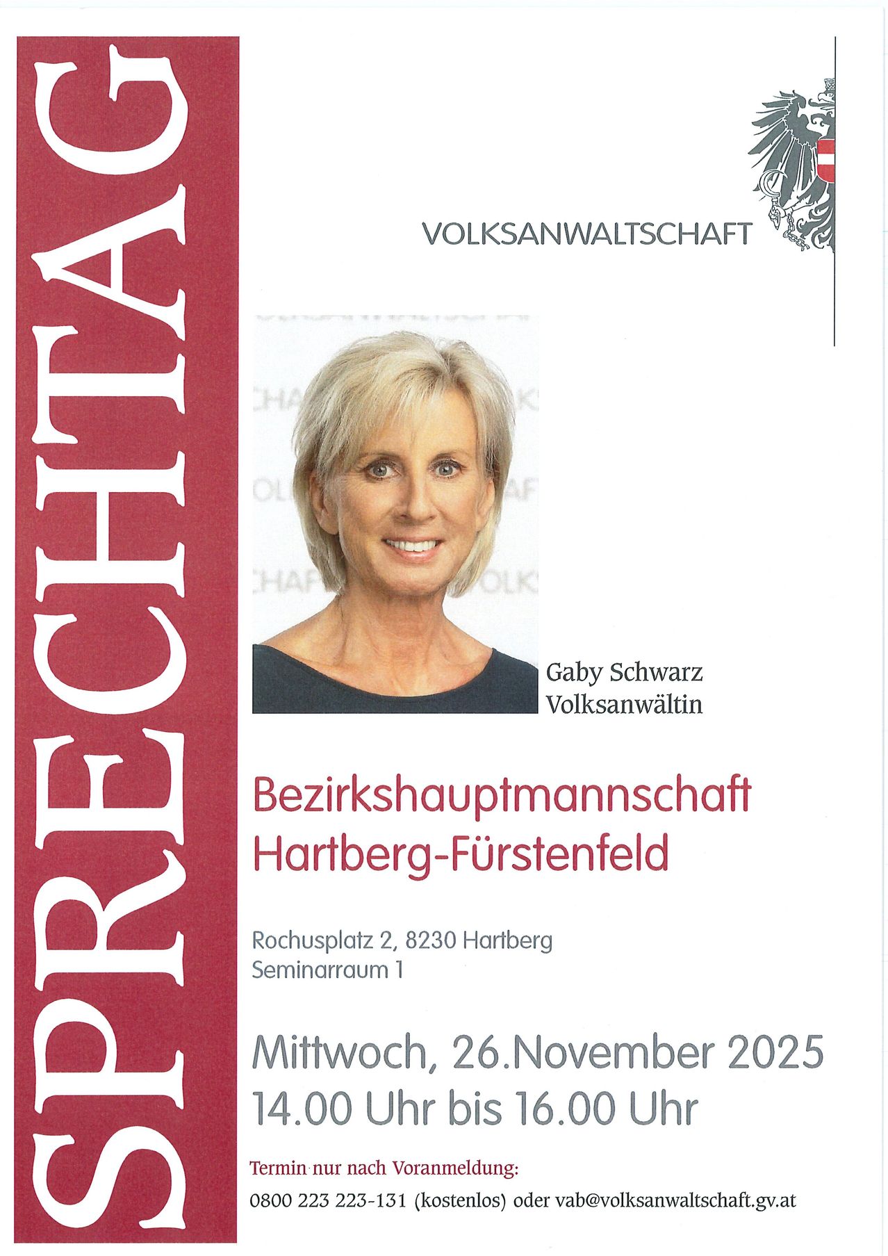 Ein Bild einer Person namens Gaby Schwarz, eine Volksanwaltin. Die Veranstaltung ist eine Bezirkshauptmannschaft in Hartberg-Fürstenfeld am 26. November 2025.
