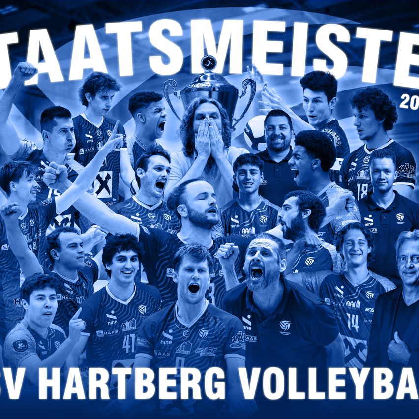 A collage of players from V Hartberg Volleyball celebrates holding a trophy. The team is wearing blue jerseys with numbers. The text 'TAATSMEISTE 20' is at the top.