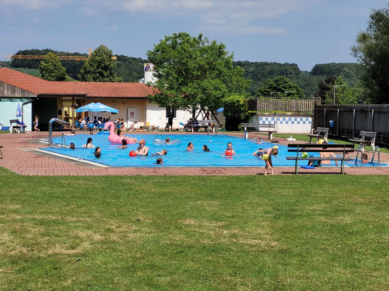 A swimming pool with several children and adults swimming, surrounded by a grassy area and benches. There are also trees and a building in the background.