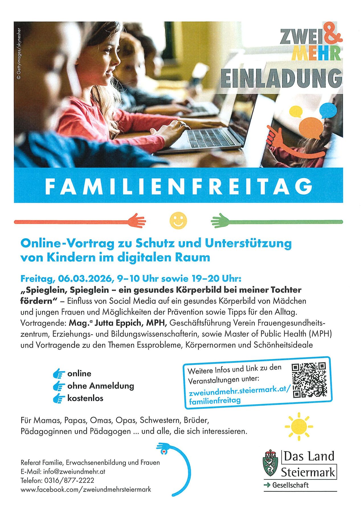 Einladung zur Veranstaltung am Familienfreitag, mit einem Online-Vortrag über den Schutz und die Unterstützung von Kindern im digitalen Zeitalter. Geplant für den 06.03.2026, 9-10 Uhr und 19-20 Uhr. Sprecherin ist Mag. Jutta Eppich, die über den Einfluss sozialer Medien auf das Körperbild spricht.