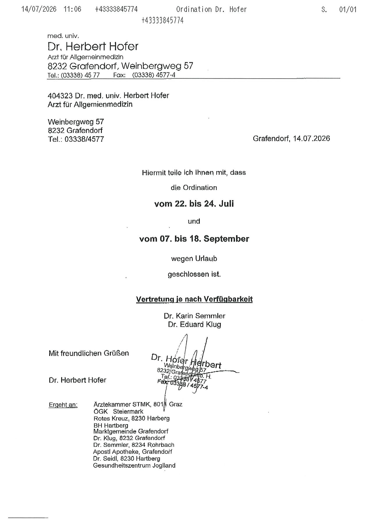 Medical practice notice from Dr. Herbert Hofer, a general practitioner, with contact details and office hours. The notice also mentions a vacation period and a substitute doctor.