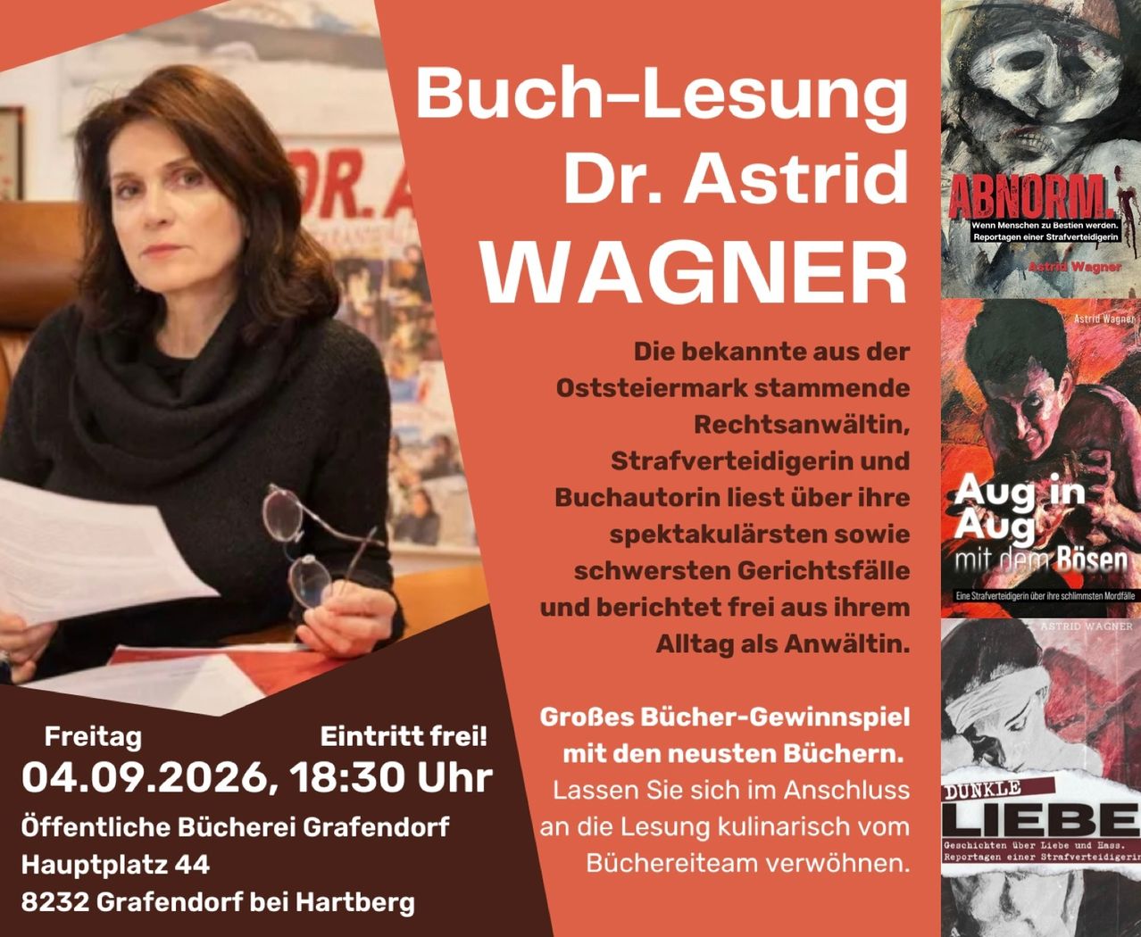 A poster for a book reading event by Dr. Astrid Wagner, featuring her image and details about the event, including date, time, and location.