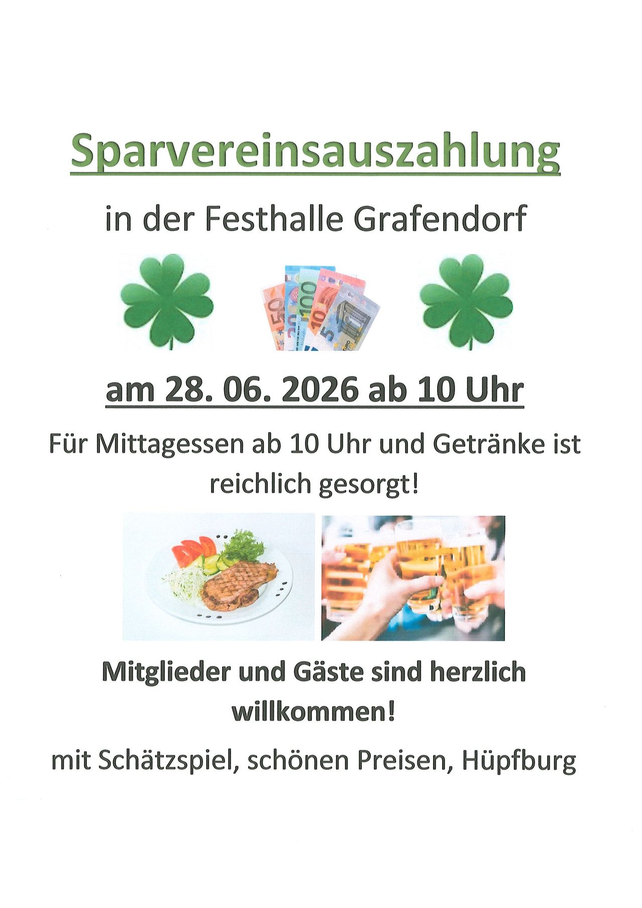 Poster für eine Sparvereinsversammlung in Grafendorf am 28.06.2026 ab 10 Uhr. Bietet Mittagessen, Getränke und ein Schätzspiel mit Bildern von Essen und Bier an. Mitglieder und Gäste sind herzlich willkommen.