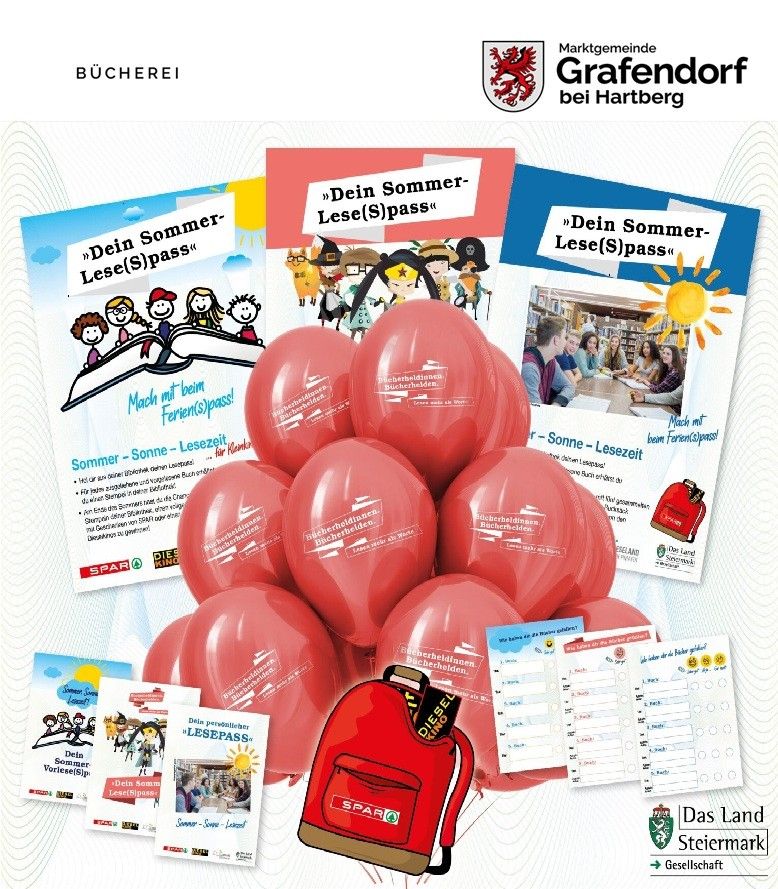 Werbeposter für Grafendorf bei Hartberg. Es zeigt einen roten Rucksack mit 'SPAR' darauf. Dahinter sind mehrere rote Luftballons mit Text. Andere Werbematerialien sind ebenfalls vorhanden.