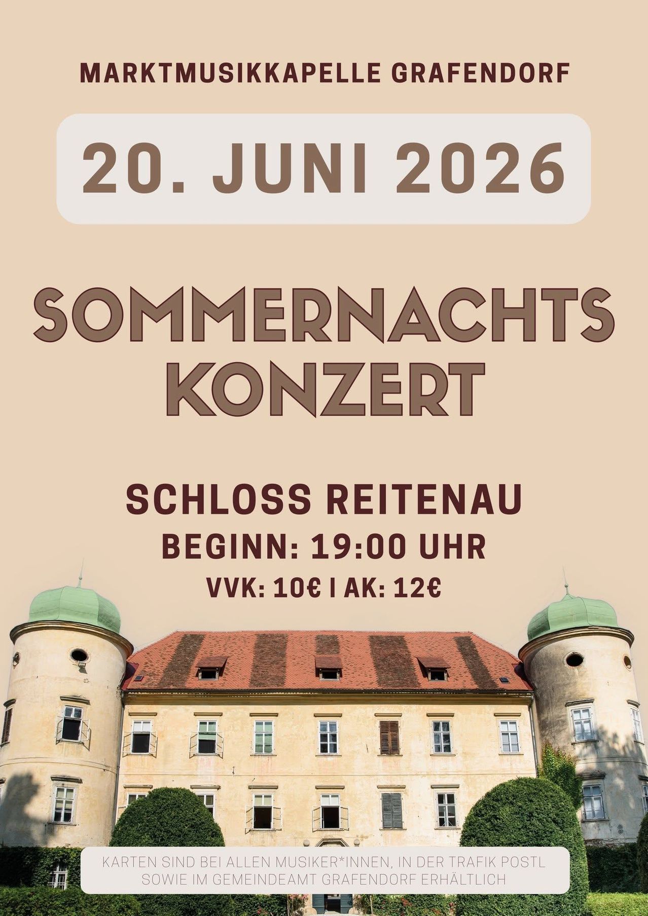 Plakat für ein Sommernachtskonzert im Schloss Reitenau am 20. Juni 2026, Beginn um 19:00 Uhr. Eintrittspreise sind 10€ für Kinder und 12€ für Erwachsene.