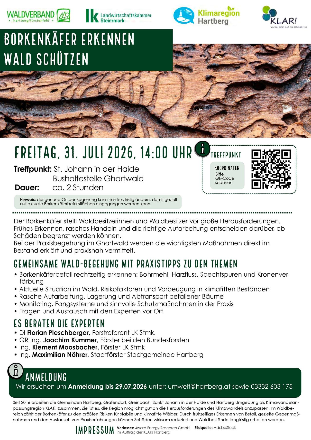 Meeting on July 31, 2026, at 2 PM, at St. Johann in the Haide bus stop. Duration: approx. 2 hours. Bark beetle damage recognition and forest protection. Experts: Florian Pleschberger, Joachim Kummer, and Maximilian Nöhrer.
