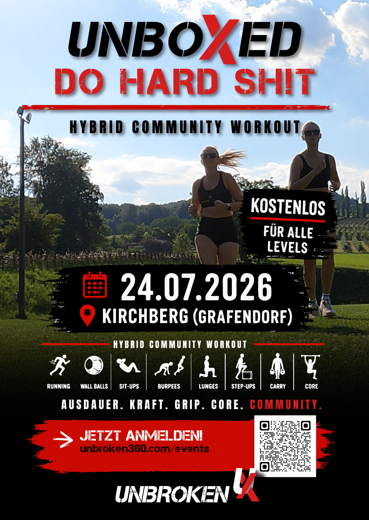 A flyer for a free hybrid community workout event on July 24, 2026, in Kirchberg (Grafendorf). It features two women running, with various exercise icons and a QR code for registration.