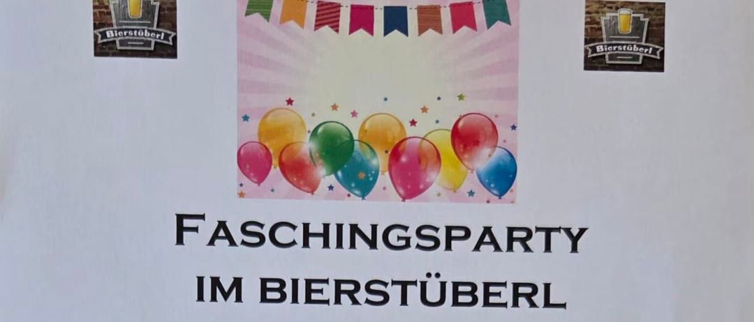 Plakat für eine Faschingsparty im Bierstüberl am Samstag, 14.02.2026, ab 11:11 Uhr. Clown-Illustrationen sind vorhanden.