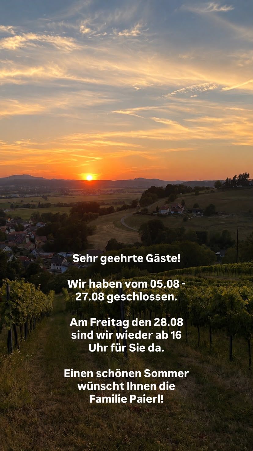 A scenic image of a sunset over a vineyard with a message in German about the closure and reopening dates.