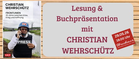 Plakat für die Buchpräsentation von Christian Wehrschutz, zeigt einen älteren Mann in einem Helm, der telefoniert. Datum und Uhrzeit des Events sind ebenfalls angegeben.