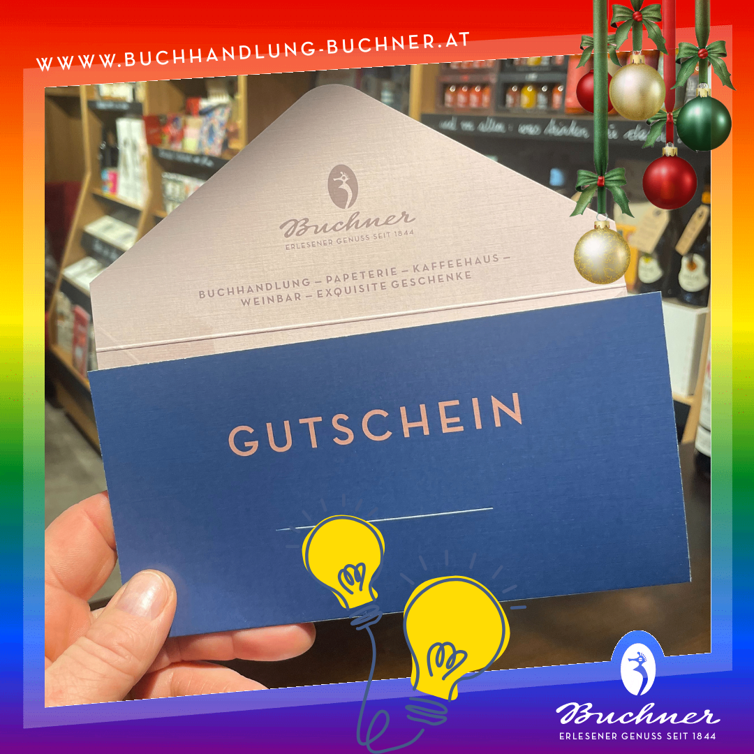 Eine Hand hält einen blauen Geschenkgutschein mit dem Text 'Gutschein' und zwei Glühbirnen. Der Hintergrund zeigt ein Geschäft mit Weihnachtsdekoration.