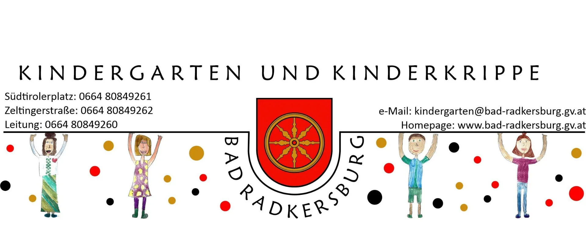 Ein farbenfrohes Logo für einen Kindergarten. Es zeigt ein Rad mit Speichen, einen Schild und zwei Kinder auf beiden Seiten. Der Text lautet 'Garten und Kinder' mit Kontaktdaten darunter.