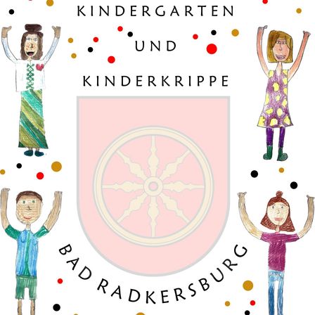 Illustration von vier Kindern um ein zentrales Emblem herum, mit dem Text 'Bad Radkersburg' darunter und 'UND Kinderkrippe' darüber. Das Emblem zeigt ein Rad mit acht Speichen.